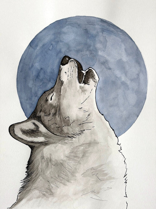 Watercolour wolf howling beneath a blue moon inspired by Wolf Brother in The Call of the Wild