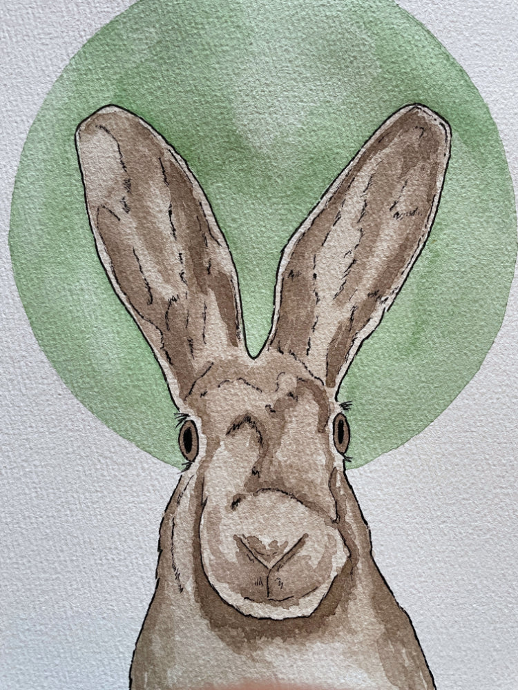 Watercolour and digital artwork of a hare inspired by British folklore and symbolism, created by wildlife artist Stephen Holder.