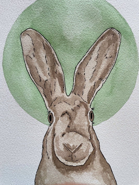 Watercolour and digital artwork of a hare inspired by British folklore and symbolism, created by wildlife artist Stephen Holder.