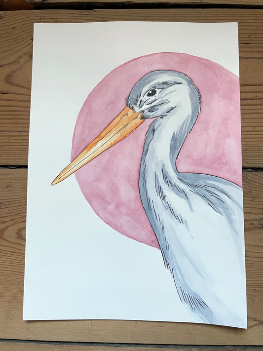 Crane with the Pink Sun A4 (ORIGINAL)