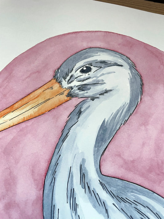 Crane with the Pink Sun A4 (ORIGINAL)