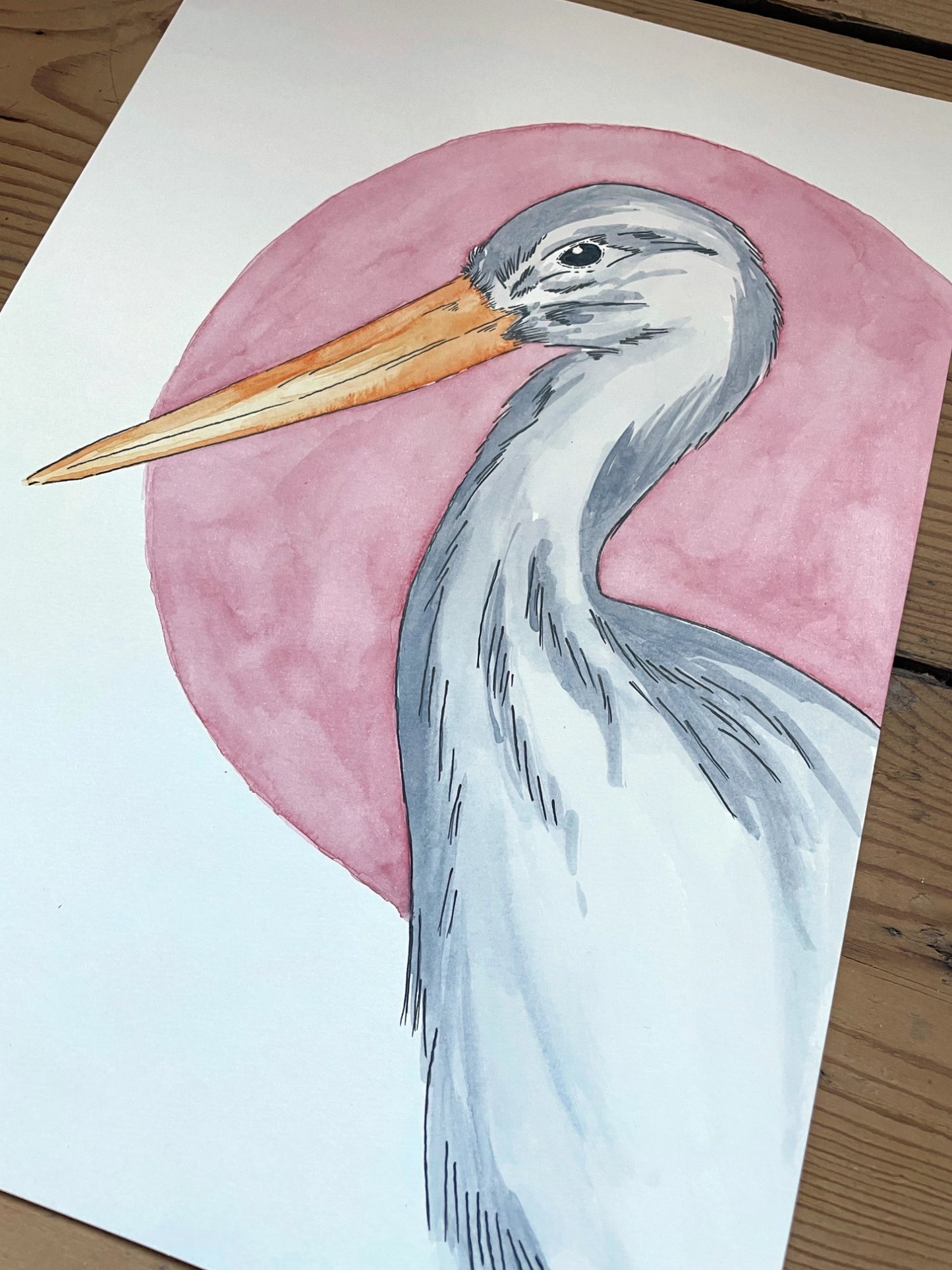 Crane with the Pink Sun A4 (ORIGINAL)